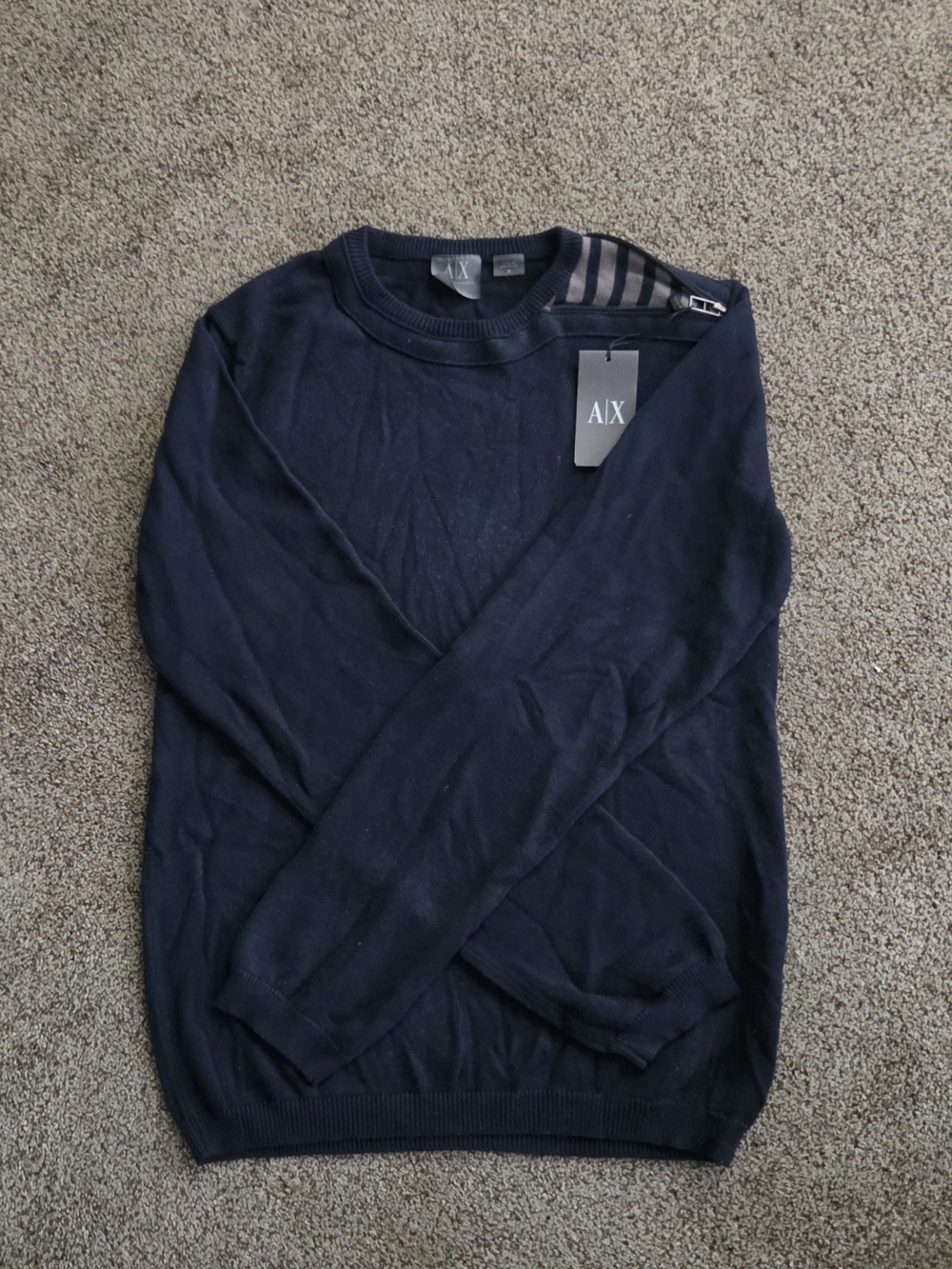 A/X Armani Exchange Navy Blue Crewneck Sweater with Shoulder Zip Detail